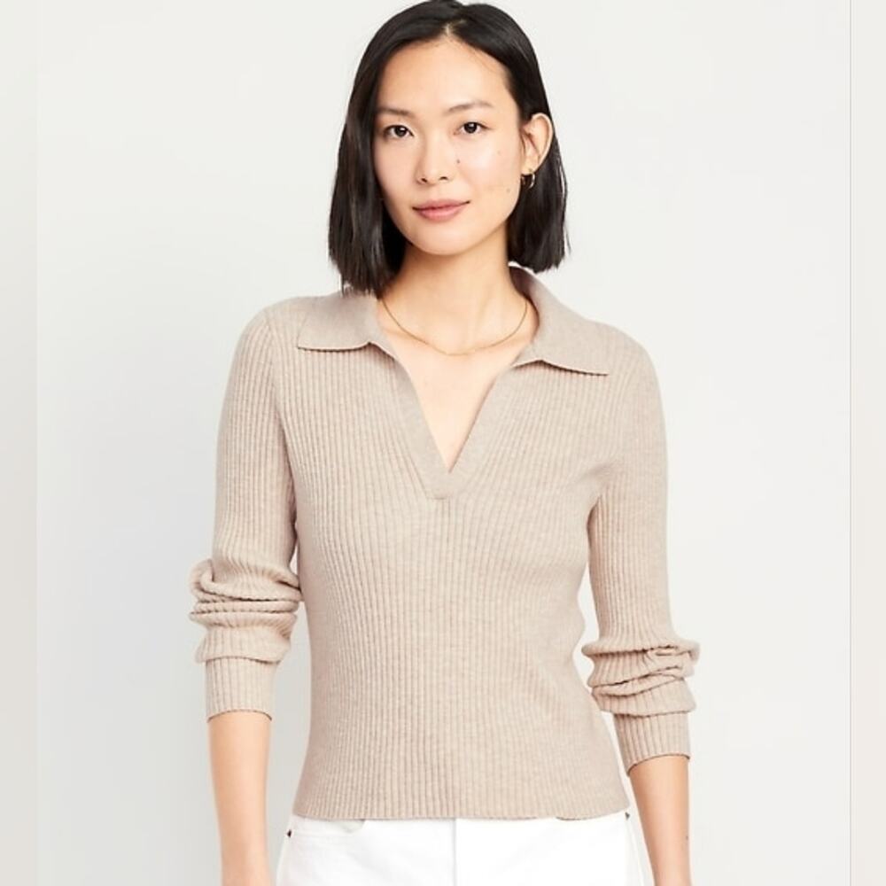 Old Navy Ribbed Crop Polo Beige Sweater Medium